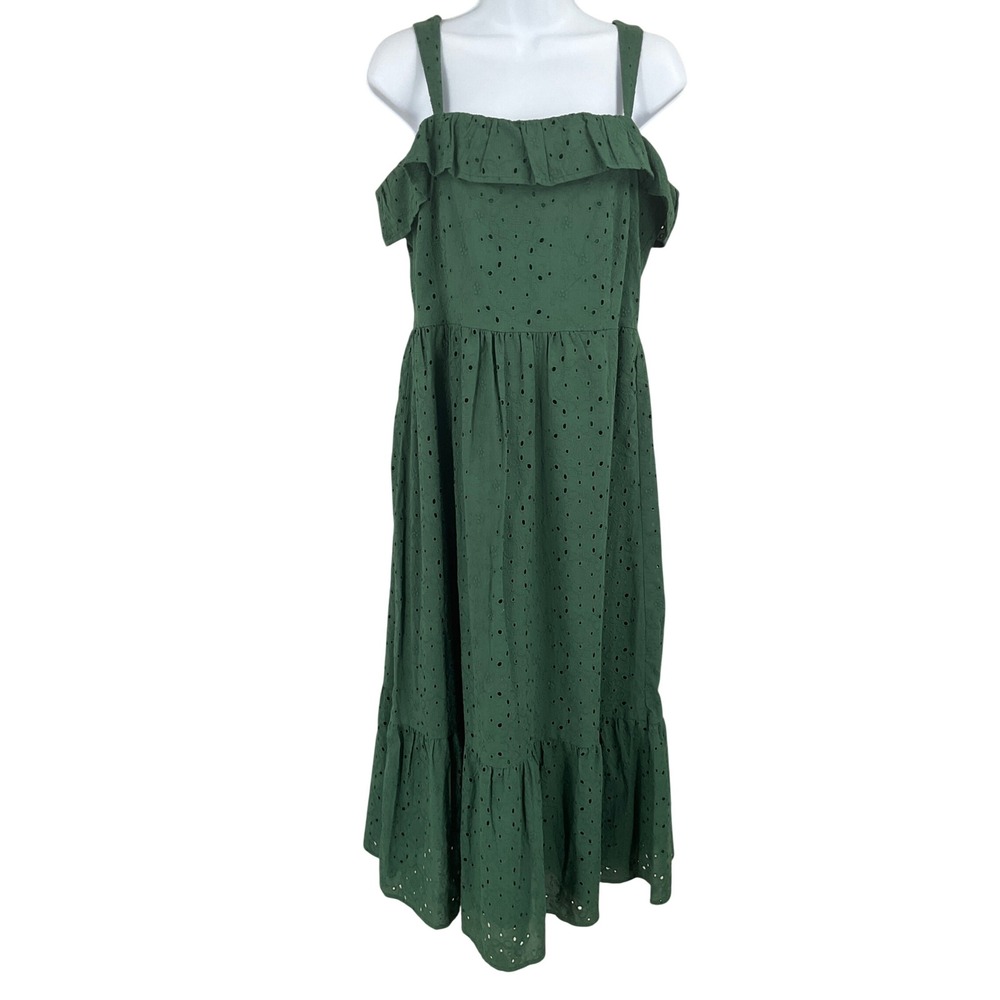 LOFT Dress Womens‎ 6 Green Cotton Eyelet Ruffle Tiered Midi Boho Summer Classic